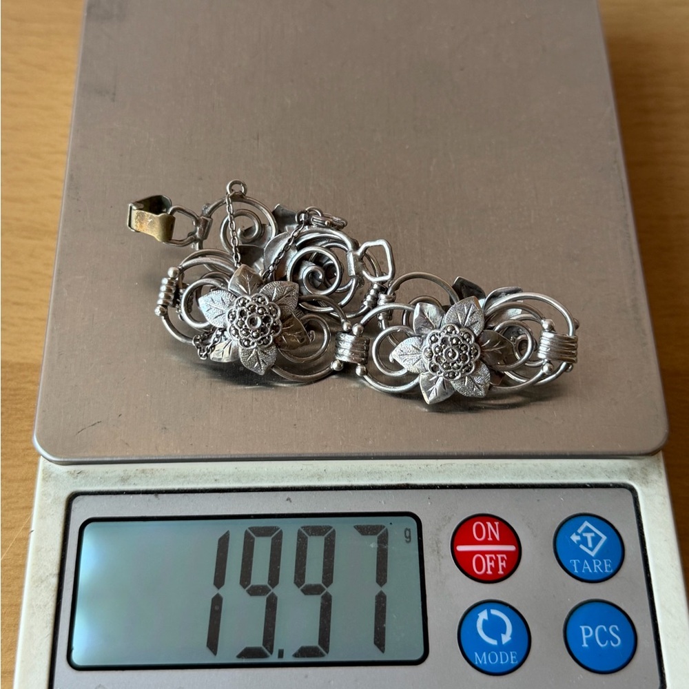 VINTAGE STERLING SILVER ORNATE FLORAL FLOWER MARCASITE BRACELET UNIQUE UNUSUAL - Picture 11 of 16